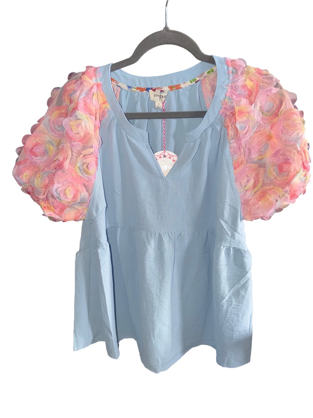 Umgee Blue Babydoll Blouse with
3D Floral Puff Sleeves, Small, NWT